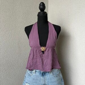 Just Polly Purple halter neck top with gold flower detail  Size S NWT